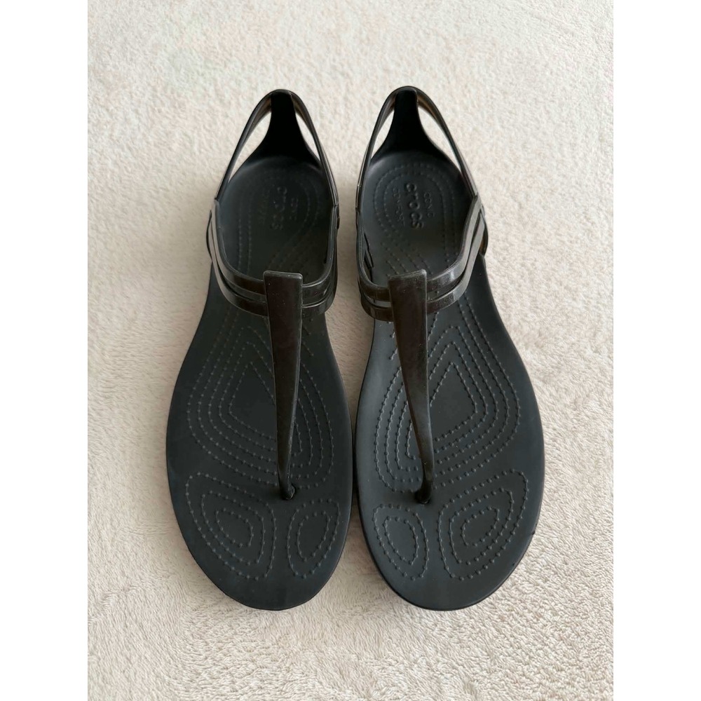 Crocs Womens 9 Black Isabella T-Strap Sandals Iconic Comfort Flat Jelly Shoes